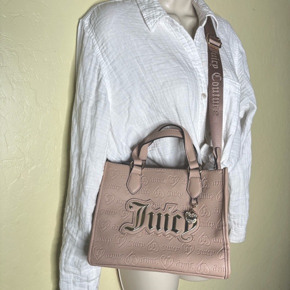 Juicy Couture Neutral Monogram Mini Crossbody Tote Handbag with Heart Charm Nwot - Picture 14 of 16